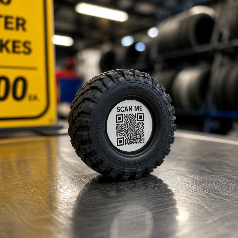 Miniature tire with a SCAN ME QR base
