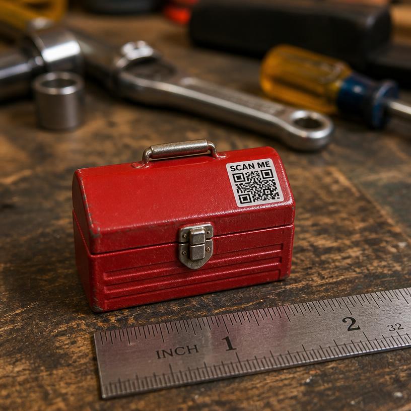 Miniature toolbox with a SCAN ME QR base
