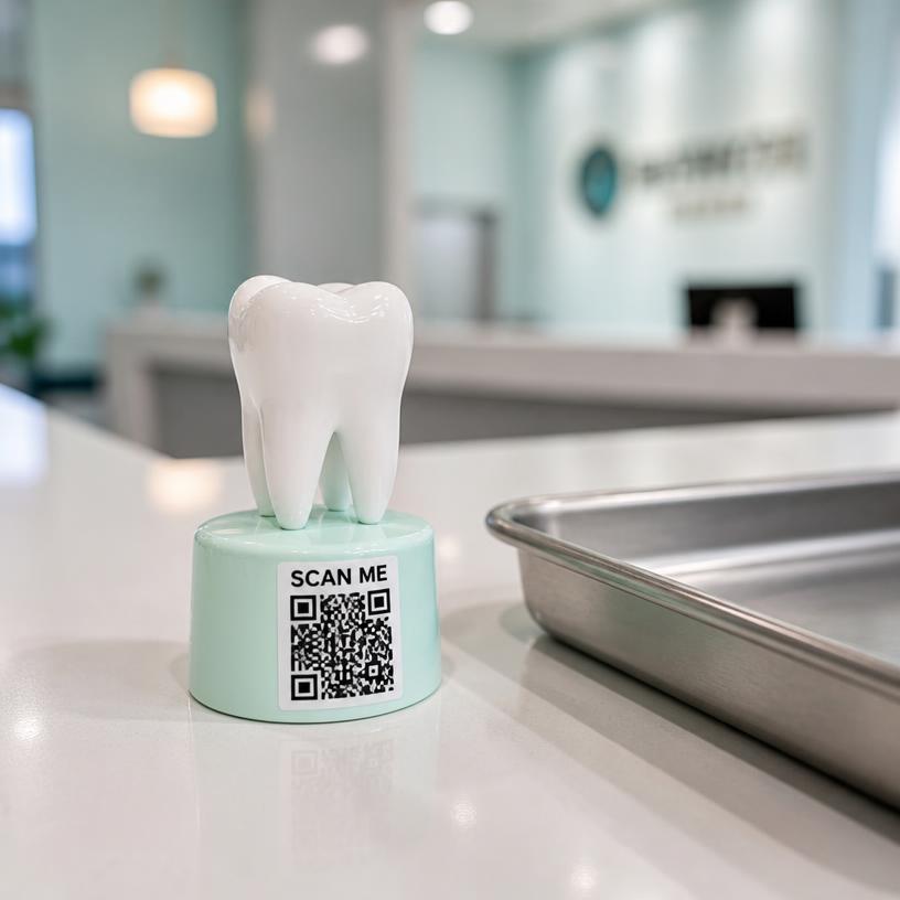 Miniature tooth with a SCAN ME QR base