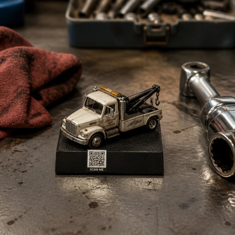 Miniature tow truck with a SCAN ME QR base