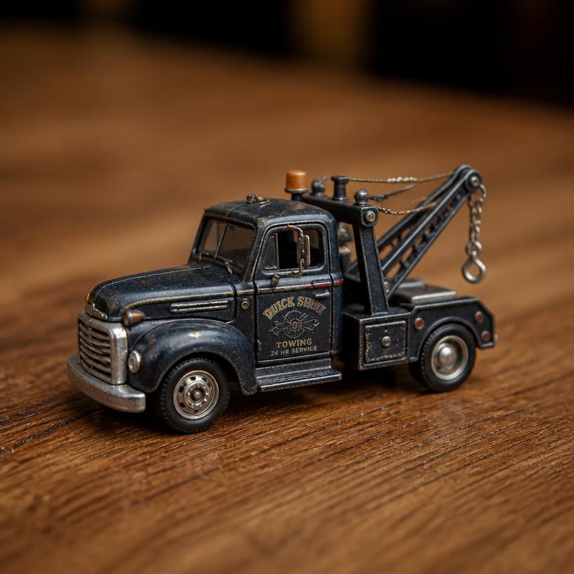 Miniature tow truck — a tiny freestanding Scanature with the QR code hidden on its underside