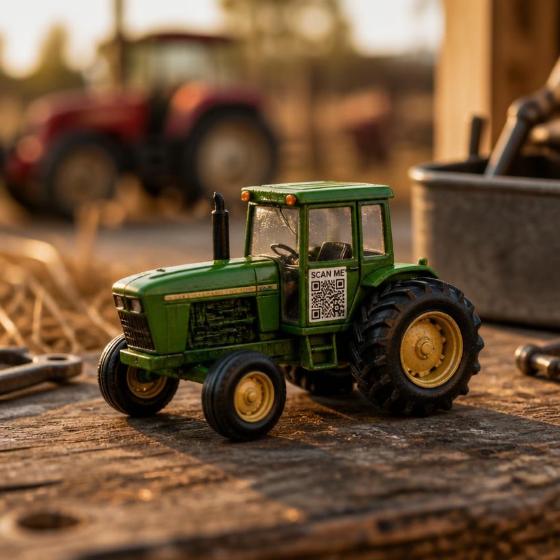 Miniature tractor with a SCAN ME QR base