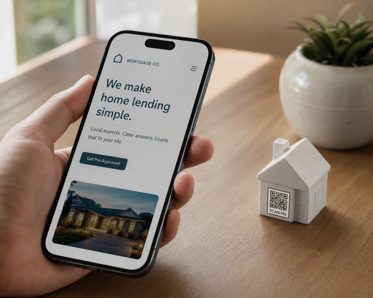 A hand holding a phone scanning the QR base of a miniature house on a wooden desk
