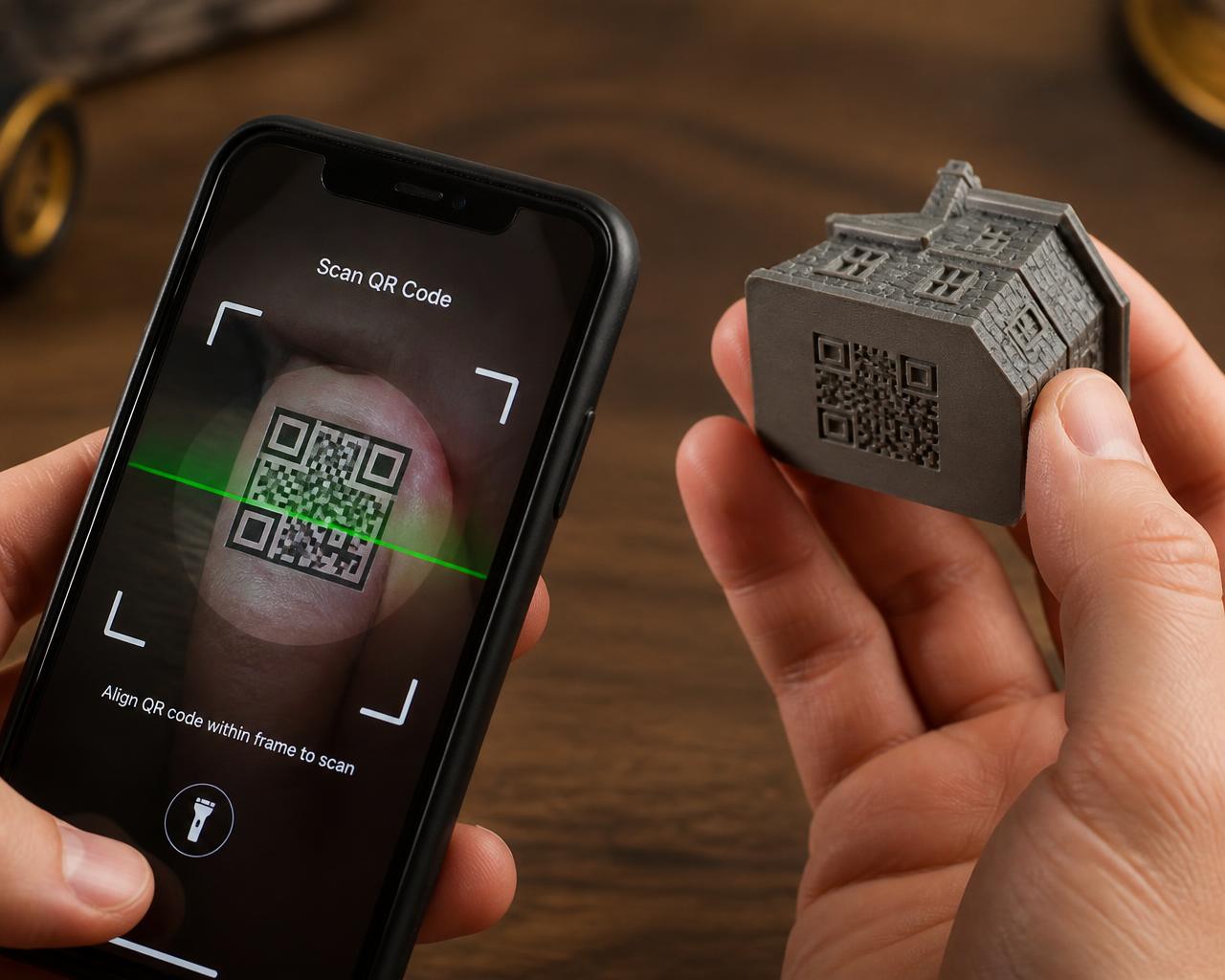 A hand turning over a tiny miniature house to scan the small QR code on its underside with a phone